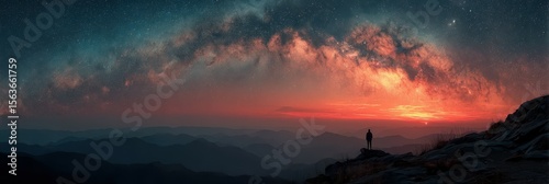 Stunning night sky view with stars, clouds, and a silhouette standing on a mountain at sunset