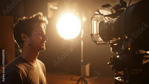 Young Man Smiling Brightly at Professional Studio Camera