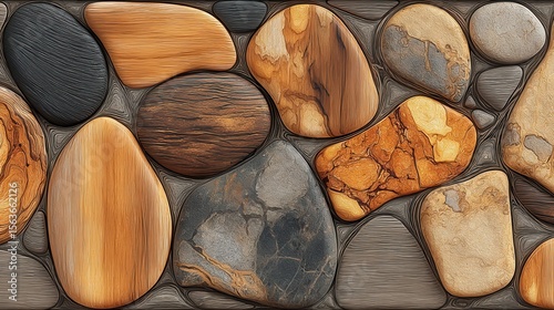 Decorative panel featuring textured river stones and wood grains in irregular shapes
