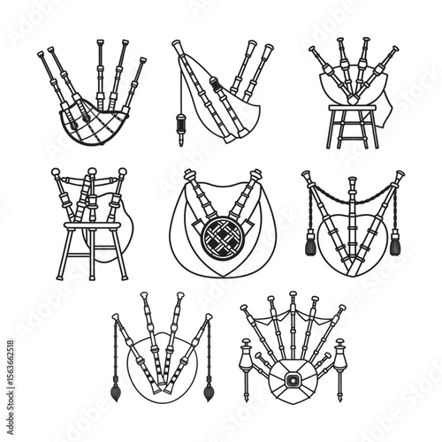 line art of scottish bagpipes in side view set bundle on the white background