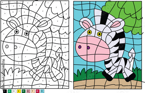 Cute cartoon zebra color by number activity. Educational game for children to learn numbers and colors, developing fine motor skills, creativity, and number recognition skills in a fun way.