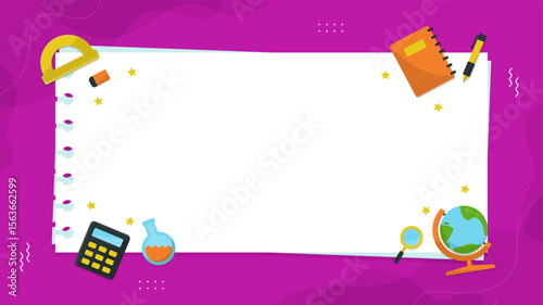 Education themed copy space background with stationery tool such a notebook and pencil. School supplies on purple background with blank sheets for text