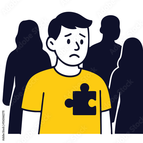 Young person wearing yellow shirt with puzzle piece design looks concerned among shadowy figures