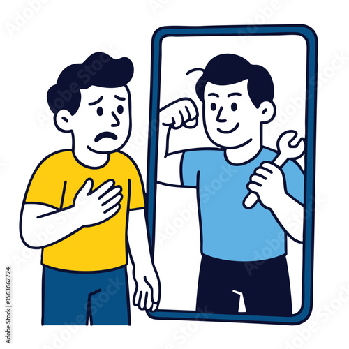 Self improvement concept with person looking at confident reflection in mirror