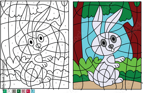 Educational Kids' Coloring Activity: Adorable Rabbit Illustration with 'Color by Number' Guide, Ideal for Learning and Play.