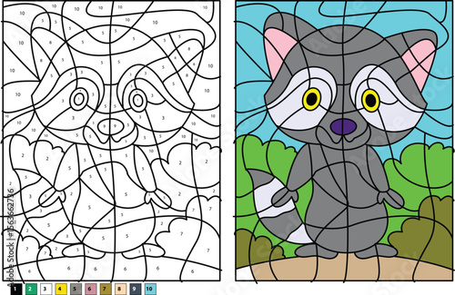Cute Raccoon Color by Number Activity for Kids: Educational Printable Worksheet with Cartoon Raccoon for Learning Colors and Numbers, Perfect for Children's Art and Craft Projects.