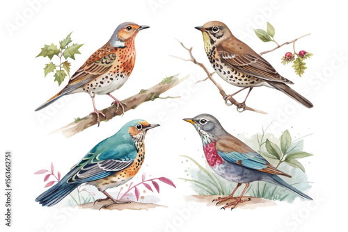 set of watercolor Thrush bird vector illustration isolated on white background