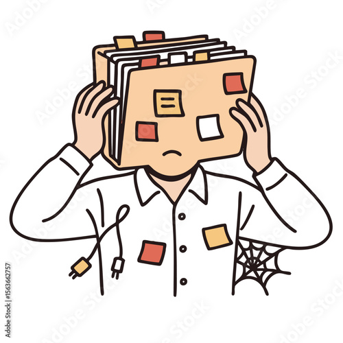 Overwhelmed person with files and sticky notes, feeling stressed and disorganized