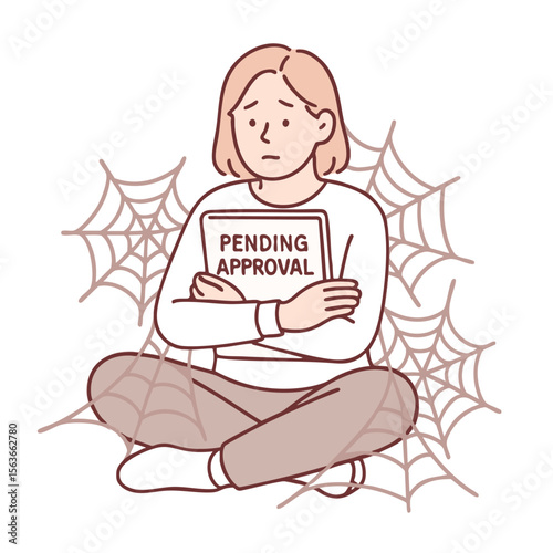 Person sitting with crossed arms, looking worried, surrounded by spider webs, holding sign that
