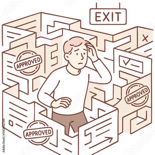 Person looks confused while navigating maze filled with approval stamps and exit sign