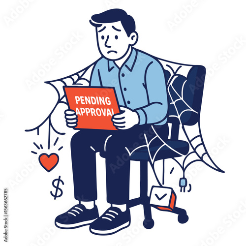 Frustrated man waiting for approval, surrounded by cobwebs, symbolizing delay and anxiety
