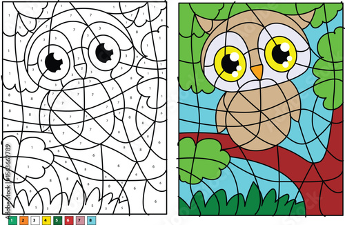 Fun color by number game for kids with an adorable owl illustration, combining learning and artistic expression in a delightful way.