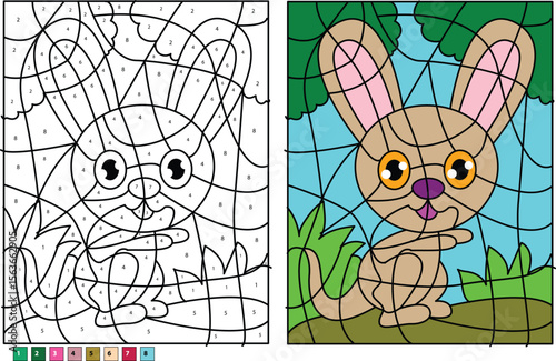 Charming bunny color by number puzzle for young learners, promoting fine motor skills and color recognition in a playful way.