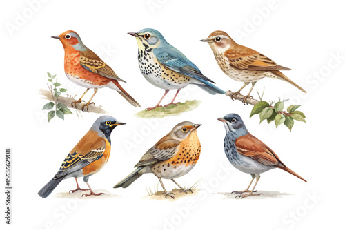 set of watercolor Thrush bird vector illustration isolated on white background