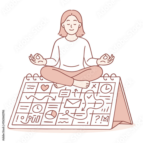 Mindful person meditating on calendar, symbolizing organization and tranquility