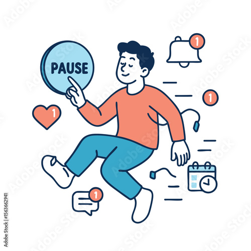 Person pressing pause button, surrounded by notifications and reminders, promoting mindfulness