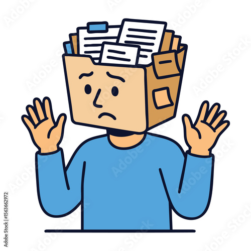 Person with box on their head, looking confused and overwhelmed by paperwork and documents