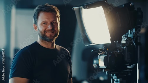Confident Man Smiling at Camera Under Professional Lighting