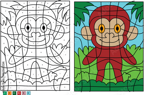 Engaging color by number activity with a happy monkey character, ideal for learning colors and numbers, for children's education and fun.