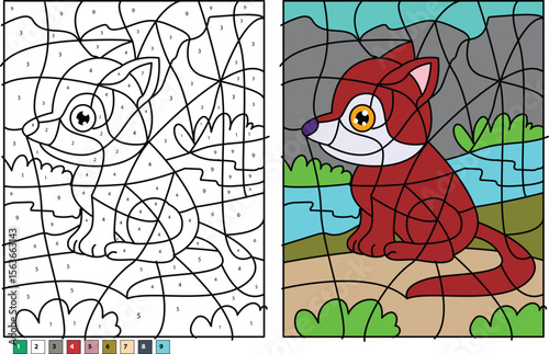 Engaging cartoon coyote color by number activity with two panels: outline with numbers and a vibrant colored solution, perfect for children's educational and creative fun.