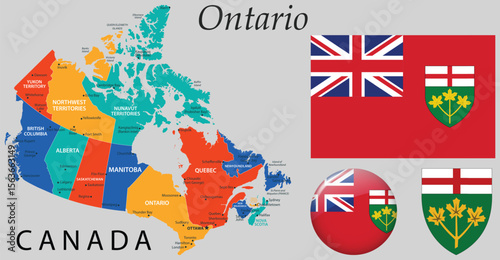 Vector of Ontario coat of arms, provincial flag, and map. Ideal for Canadian-themed designs, education, government use, and regional branding.