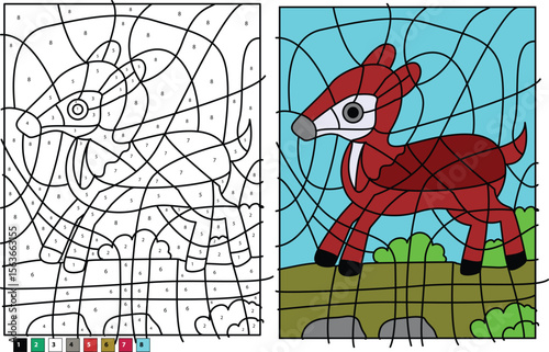 Fun and educational color by number activity featuring an adorable Chevrotain, or mouse-deer, with both the outlined puzzle and the vibrant colored solution for children's learning and entertainment.