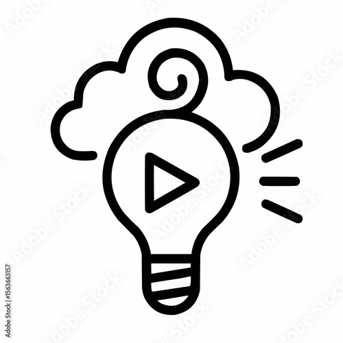 Classic bulb with swirling thought cloud. Clean black outline showing creative spark