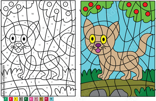 Playful Cartoon Cat Color by Number Worksheet - Fun Educational Activity for Children to Learn Colors and Numbers.