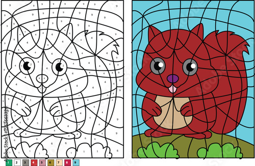 Engaging Kids with a Cute Baby Squirrel Color by Number Worksheet: Fun Educational Activity for Children's Creativity, Motor Skills, and Number Recognition Learning.