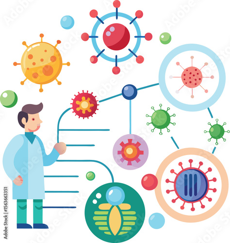 Coronavirus mutation diagram with new variant highlighted, scientific evolution concept, isolated on white background