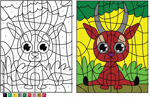 Antelope Color by Number Game for Kids, Educational Digital Art Activity. Learn colors and numbers while coloring a cute cartoon antelope illustration, perfect for children's learning and fun.