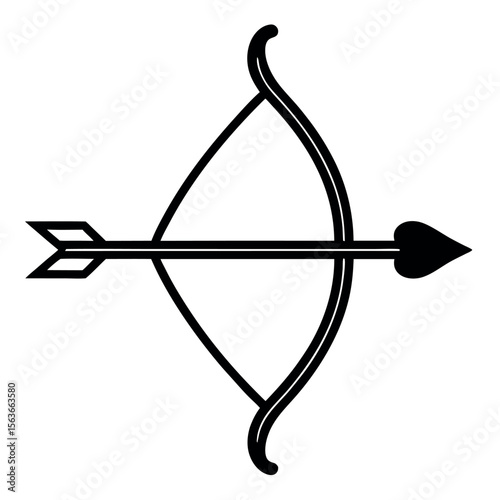 Black silhouette of a bow and arrow with a heart shaped arrowhead isolated on white background