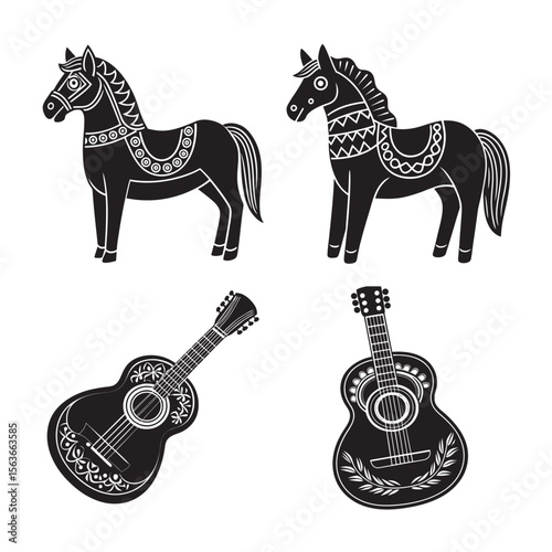 black of silhouette scandinavian dala horse, spanish guitar.set bundle on the white background