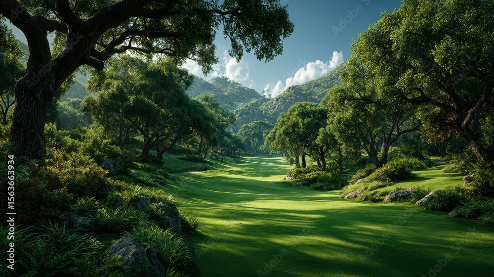 Obraz premium Lush golf course landscape with hills and trees under a clear sky during daytime in a serene natural setting