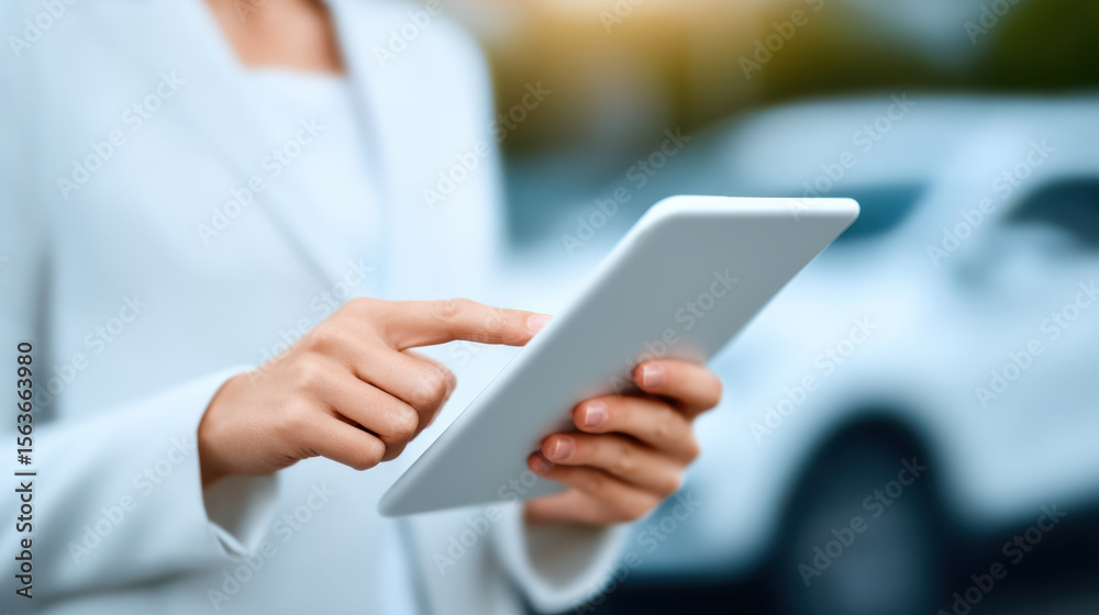 Close up of fingers swiping on tablet with blurred car in background, showing modern technology use outdoors Close up of fingers swiping on tablet with blurred car in background, showing modern technology use outdoors