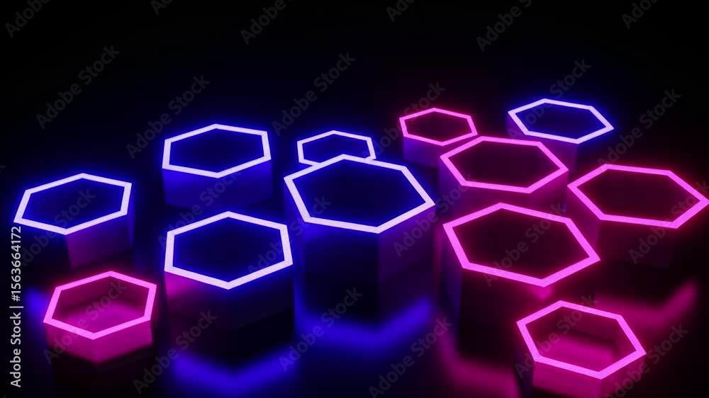 Neon Hexagons Glowing in Dark with Vibrant Purple and Pink Lights in Futuristic Style