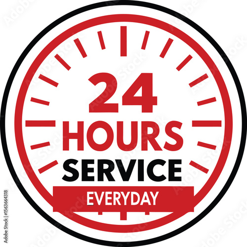 24 hours service everyday clock symbol red black white round logo