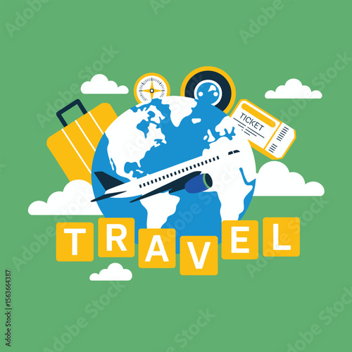 Colorful travel-themed illustration with airplane flying over globe, suitcase, compass, ticket, and ‘travel’ blocks on green background