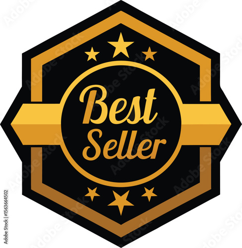 Elegant gold and black best seller badge with stars and decorative elements