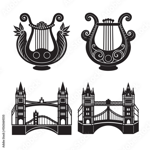 black of silhouette greek mythological,london bridge set bundle on the white background