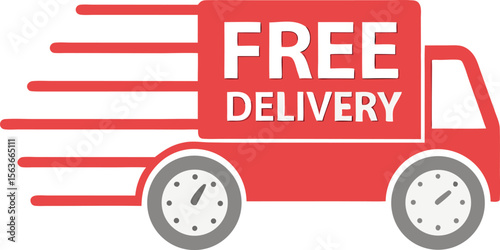 Fast red truck with free delivery text and speed lines