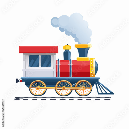 Charming Miniature Steam Train Illustration Red, Blue, and Gold Retro Design
