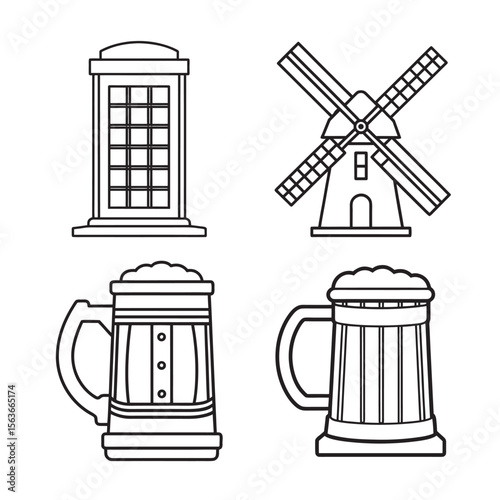 line art of european culture german beer stein,dutch windmill, set bundle on the white background