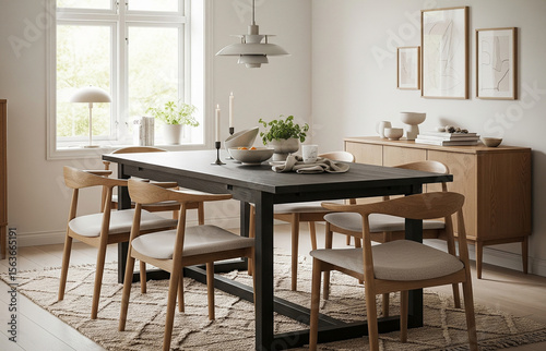 Modern Cozy Dining Room with Elegant Wooden Furniture and Natural Light.