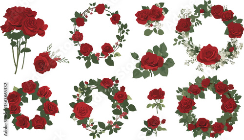 Collection of Red Rose Floral Arrangements and Wreaths on a White Background for Graphic Design Projects