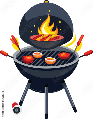 A colorful illustration of a barbecue grill with food and flames