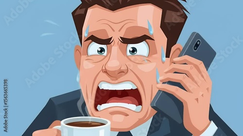 Stressed cartoon businessman with coffee and phone in animated close-up