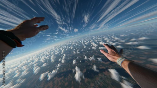 In the image, two skydivers are seen leaping out of an airplane with outstretched arms against a clear sky backdrop filled with fluffy clouds