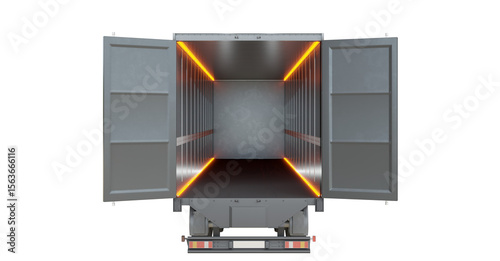Empty trailer truck isolated on transparent background. Back view. Camera along the central axis of the trailer. 3D illustration.