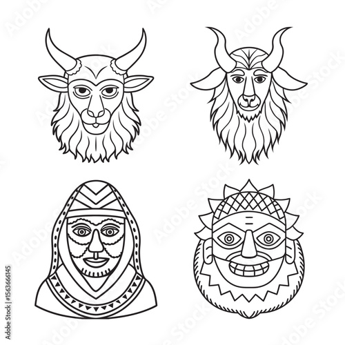 line art of bulgarian folklore mask with feathers set bundle on the white background